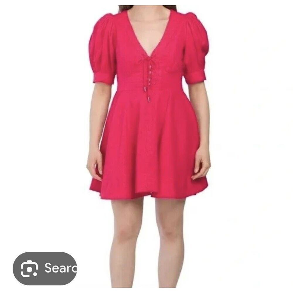 House of Harlow 1960 Mini Dress Size 0 Linen Blend Puff Sleeve Color Fuchsia